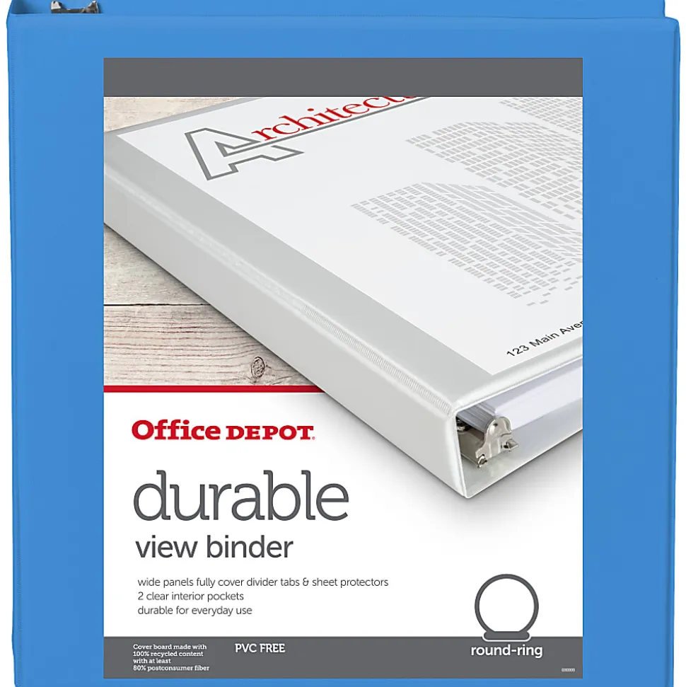 Office Depot® 3-Ring Durable View Binder, 1-1/2" Round Rings, 49% Recycled, Sky Blue