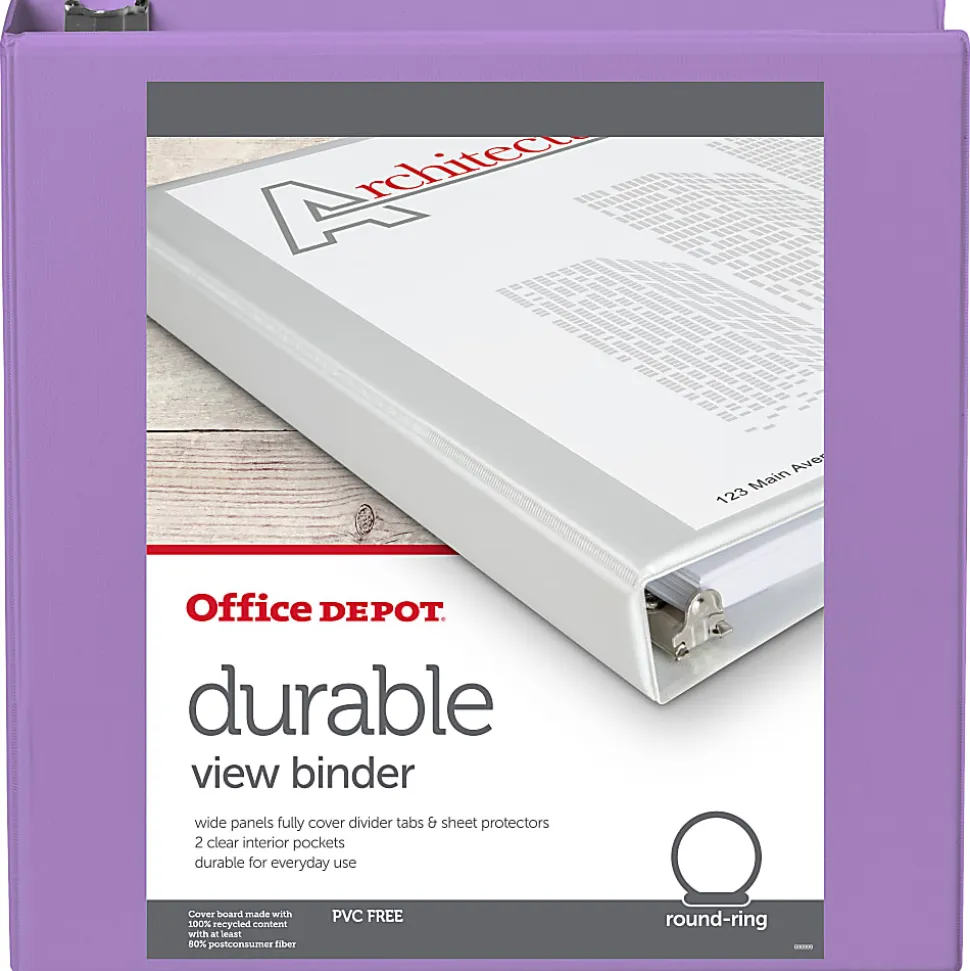 Office Depot® 3-Ring Durable View Binder, 2" Round Rings, 49% Recycled, Purple