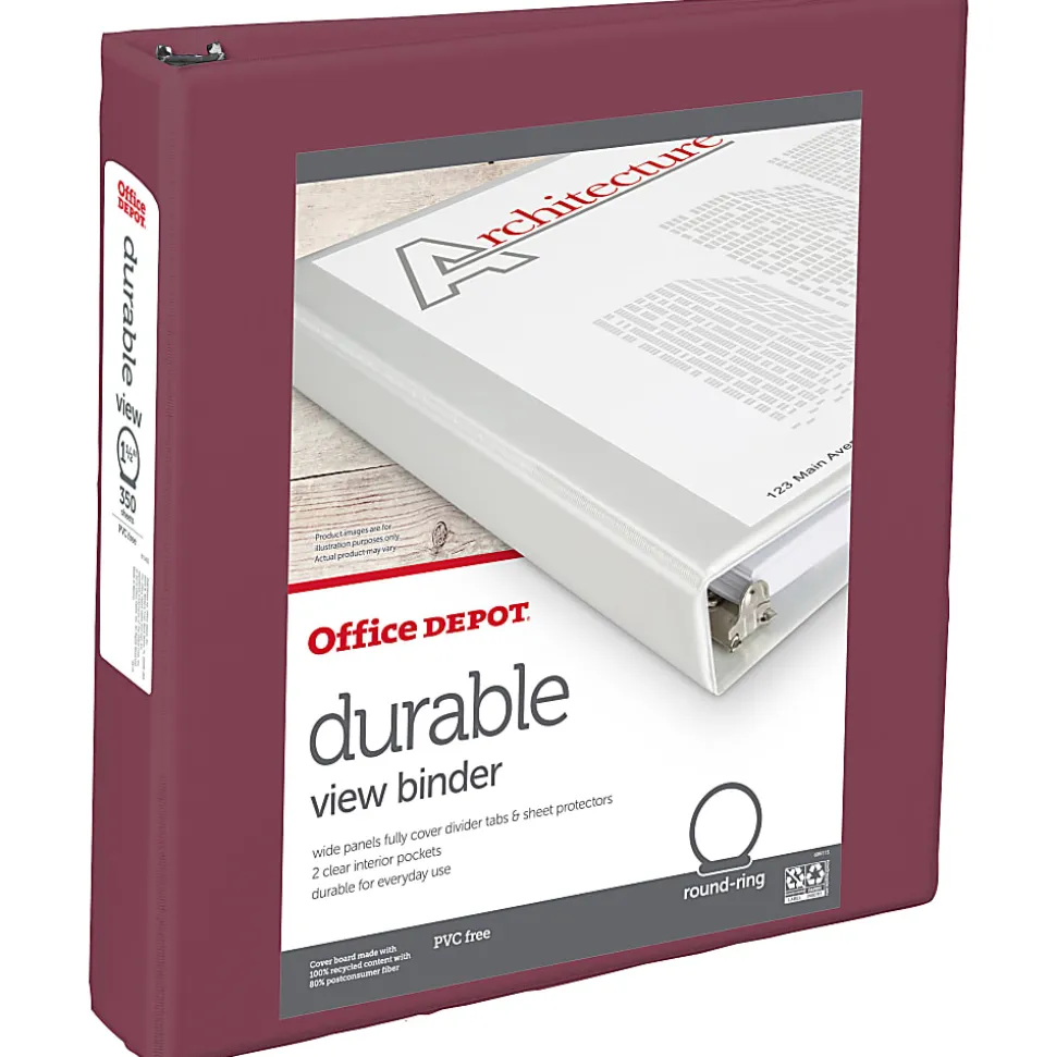 Office Depot® 3-Ring Durable View Binder, 1-1/2" Round Ring, Berry Plum