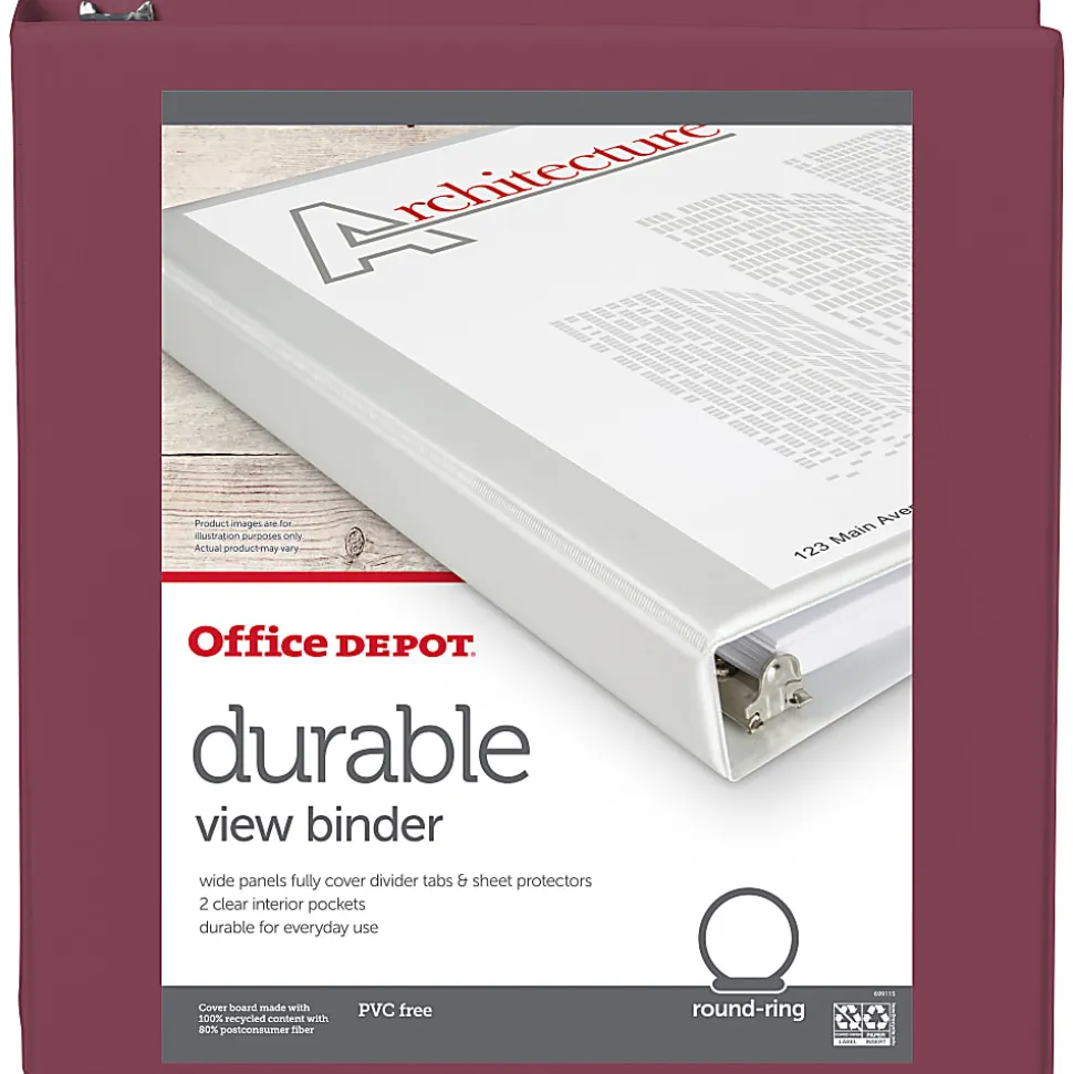 Office Depot® 3-Ring Durable View Binder, 1-1/2" Round Ring, Berry Plum