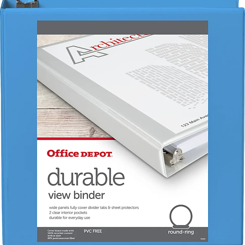 Office Depot® 3-Ring Durable View Binder, 2" Round Rings, 49% Recycled, Sky Blue