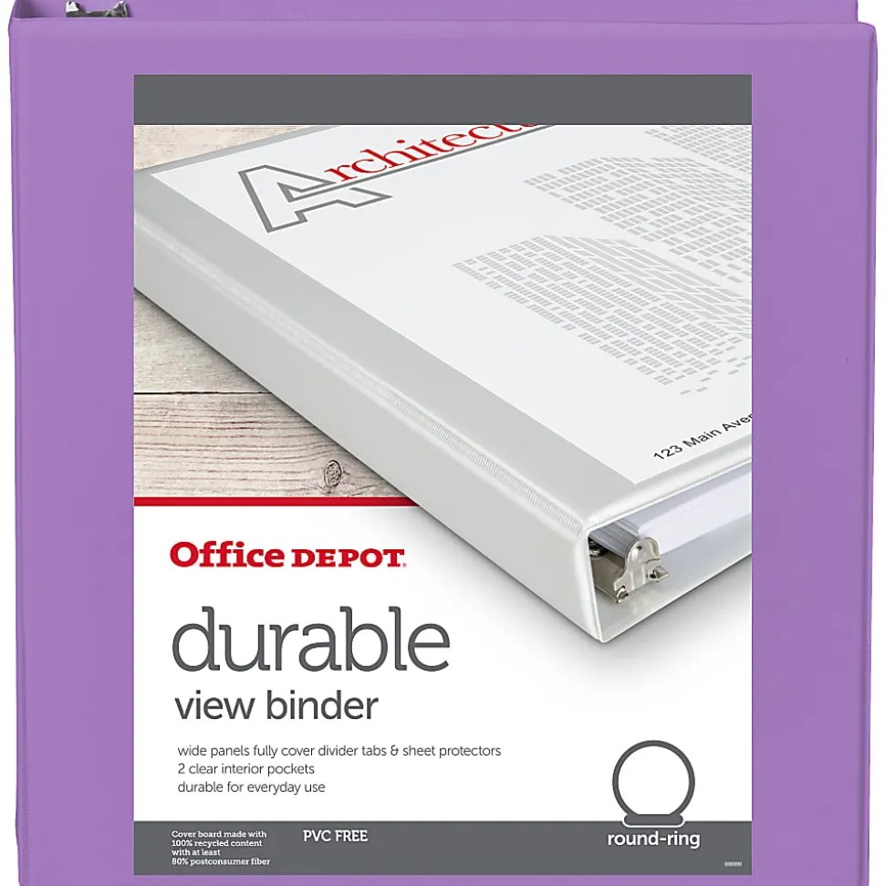 Office Depot® 3-Ring Durable View Binder, 1-1/2" Round Rings, 49% Recycled, Purple