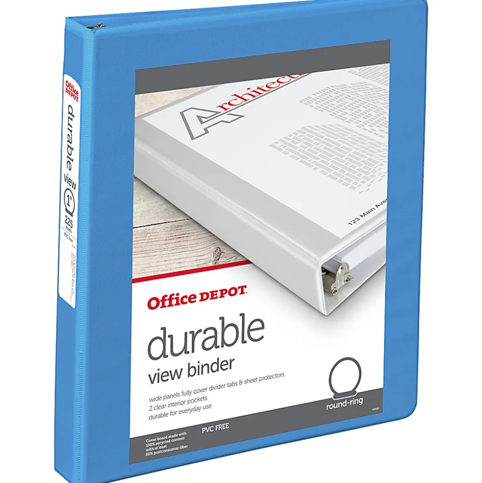 Office Depot® 3-Ring Durable View Binder, 1" Round Rings, 49% Recycled, Sky Blue