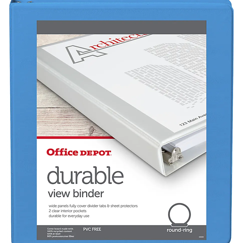 Office Depot® 3-Ring Durable View Binder, 1" Round Rings, 49% Recycled, Sky Blue