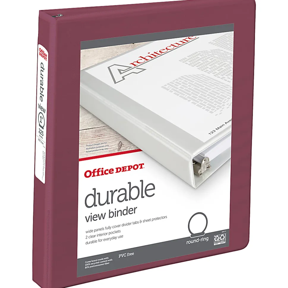 Office Depot® 3-Ring Durable View Binder, 1" Round Ring, Berry Plum