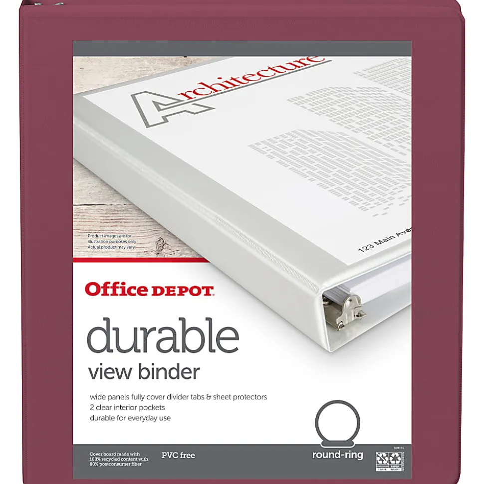 Office Depot® 3-Ring Durable View Binder, 1" Round Ring, Berry Plum