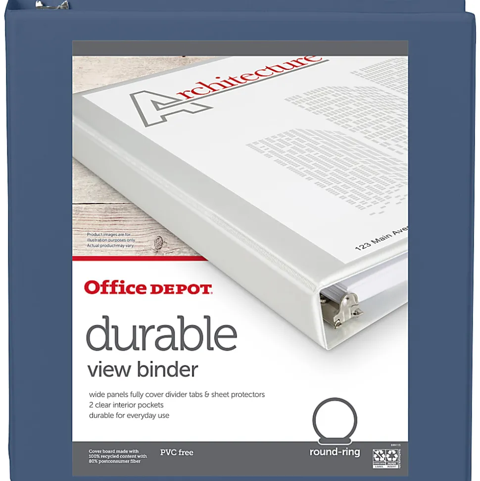 Office Depot® 3-Ring Durable View Binder, 1-1/2" Round Ring, Serene Blue