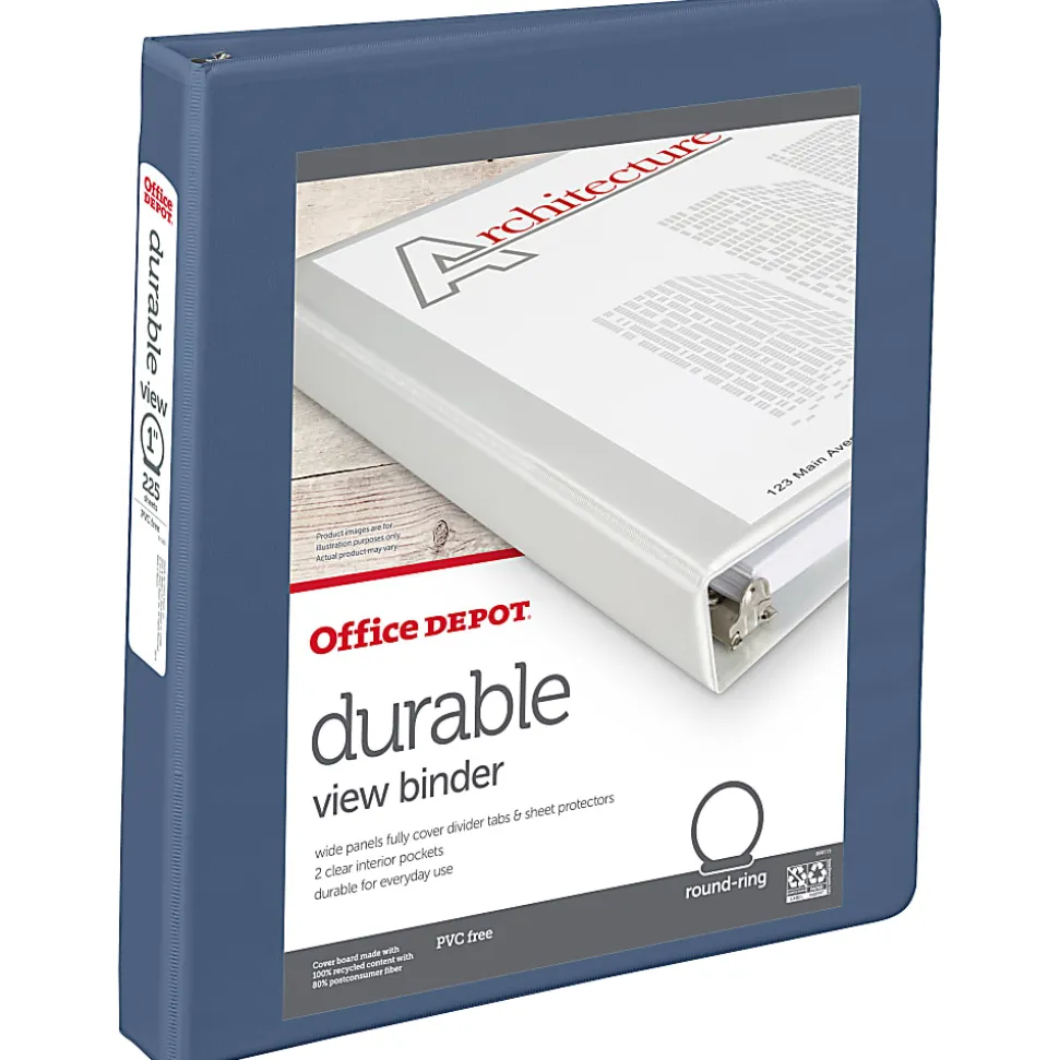 Office Depot® 3-Ring Durable View Binder, 1" Round Ring, Serene Blue