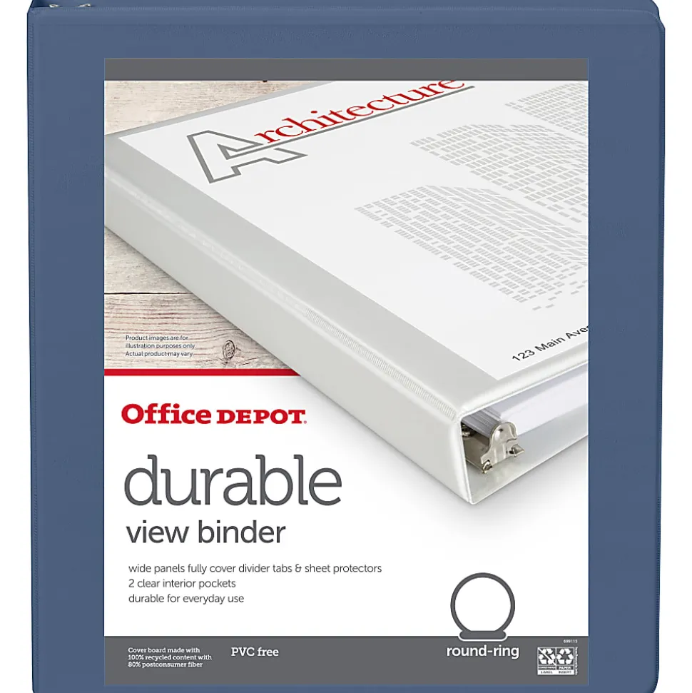 Office Depot® 3-Ring Durable View Binder, 1" Round Ring, Serene Blue