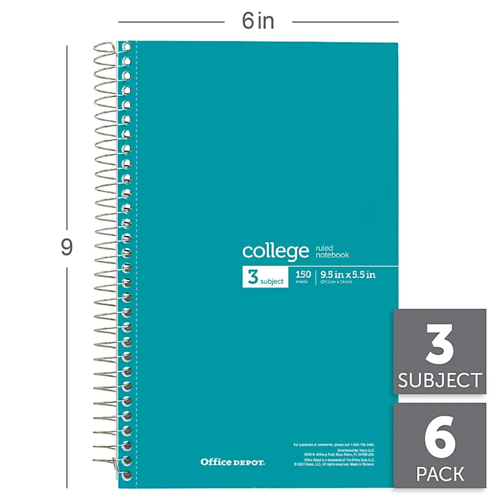 Office Depot® Wirebound Notebooks, 6" x 9-1/2", 3 Subjects, College Ruled, 150 Sheets, Assorted Colors, Pack Of 6 Notebooks