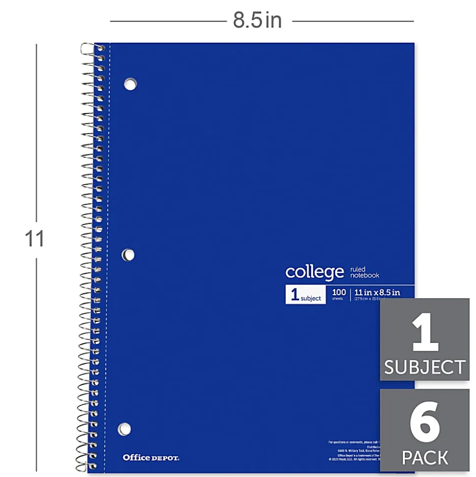 Office Depot® Wirebound Notebooks, 8 1/2" x 11", 1 Subject, College Ruled, 100 Sheets, Assorted Colors, Pack Of 6 Notebooks