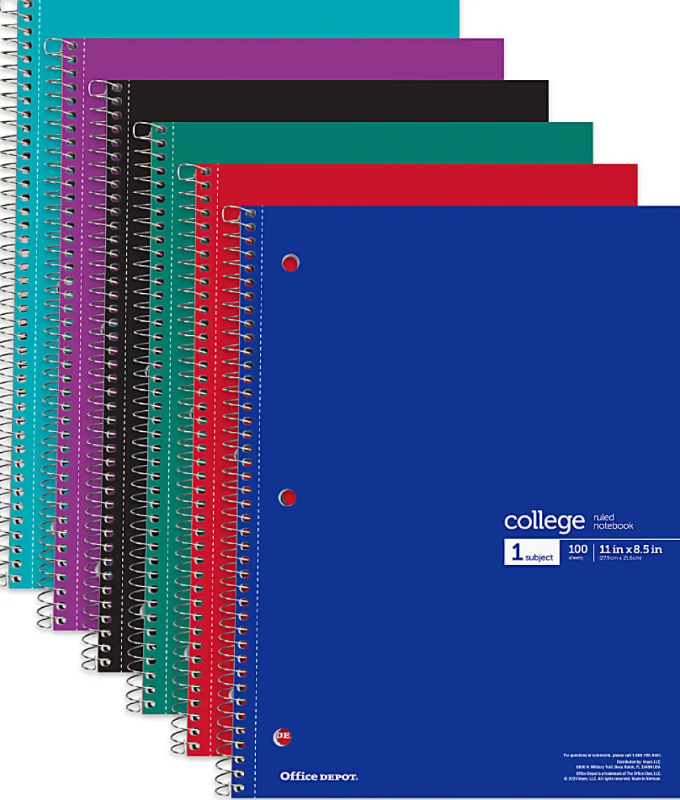Office Depot® Wirebound Notebooks, 8 1/2" x 11", 1 Subject, College Ruled, 100 Sheets, Assorted Colors, Pack Of 6 Notebooks