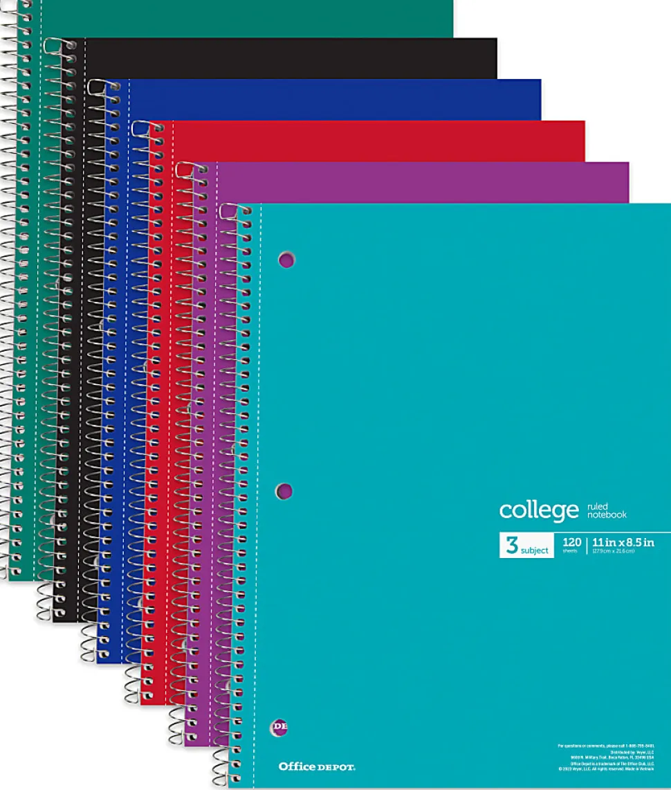 Office Depot® Wirebound Notebooks, 8-1/2" x 11", 3 Subjects, College Ruled, 120 Sheets, Assorted Colors, Pack Of 6 Notebooks