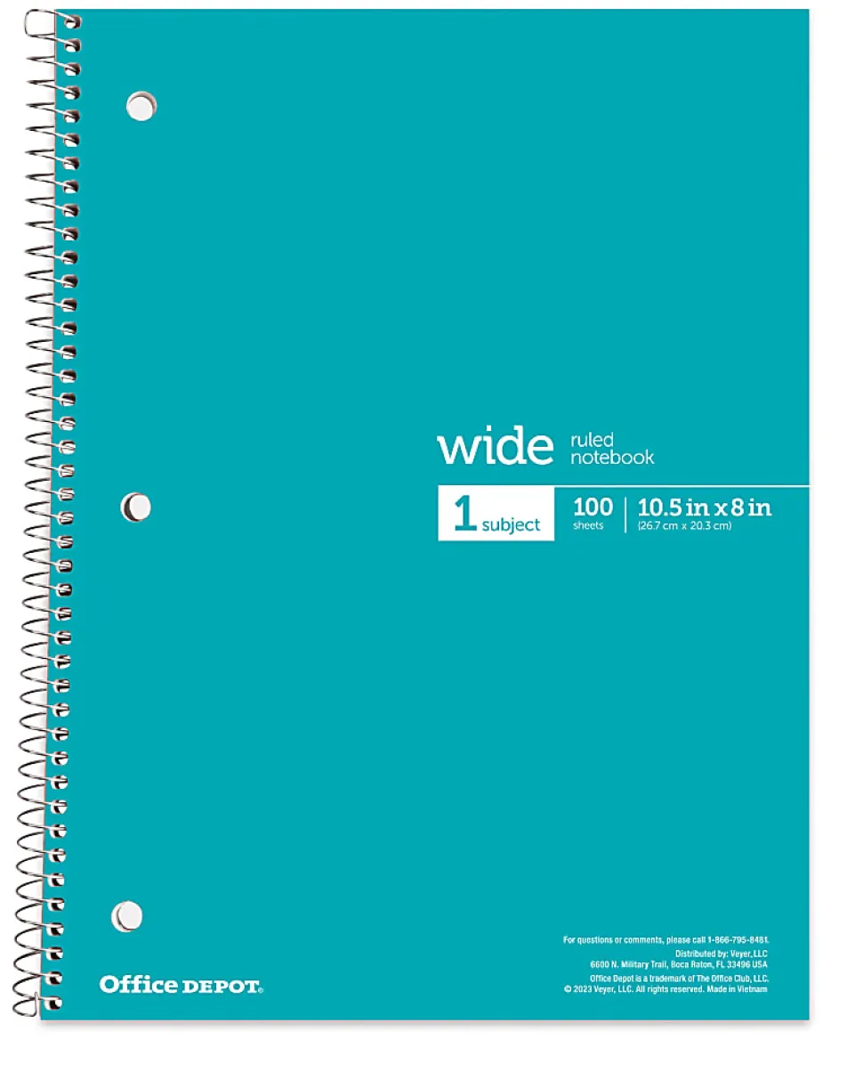 Office Depot® Wirebound Notebooks, 8" x 10-1/2", 1 Subject, Wide Ruled, 100 Sheets, Assorted Colors, Pack Of 6 Notebooks