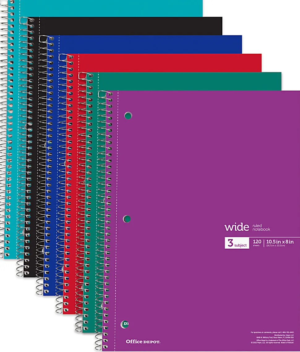 Office Depot® Wirebound Notebooks, 8" x 10-1/2", 3 Subjects, Wide Ruled, 120 Sheets, Assorted Colors, Pack Of 6 Notebooks