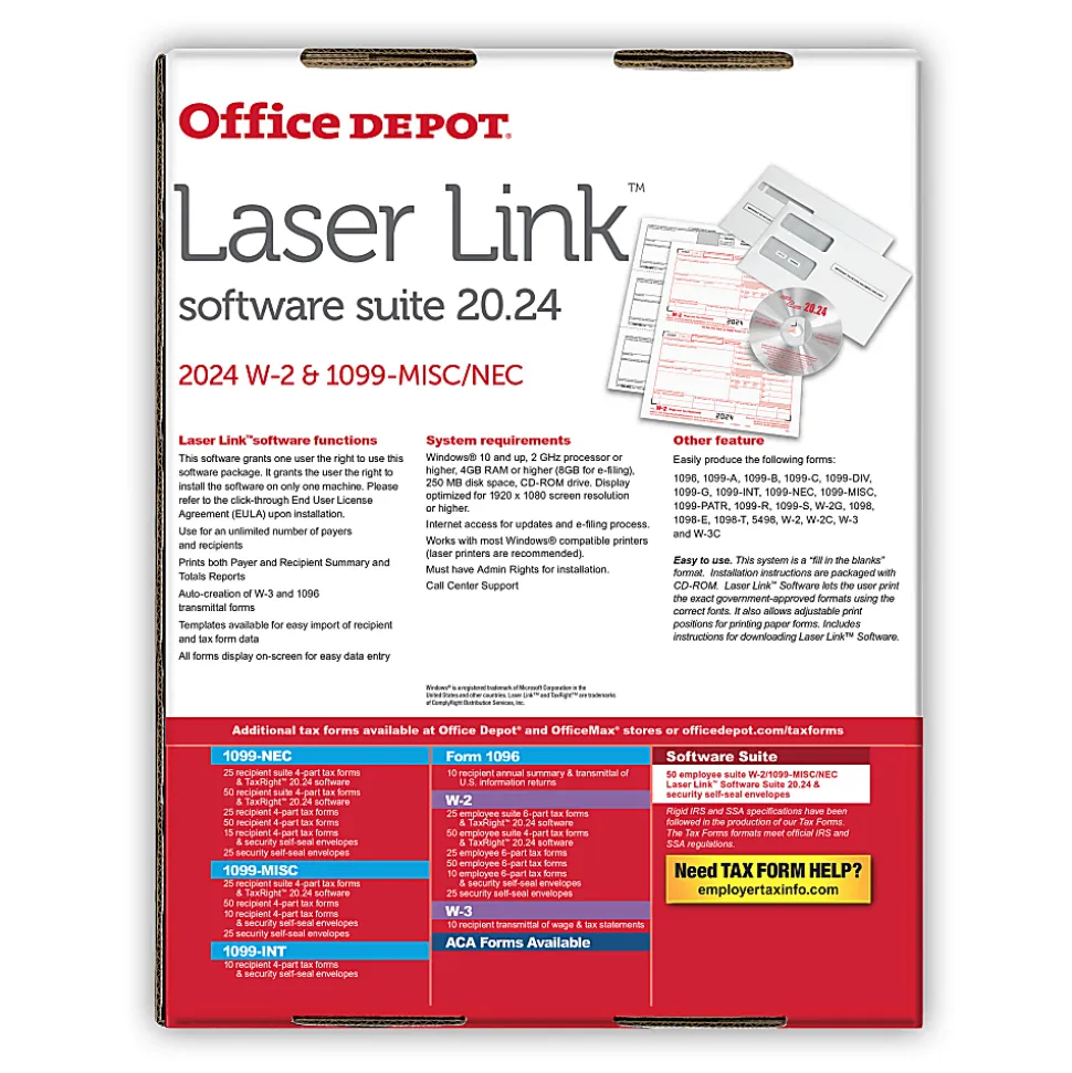 Office Depot® W-2/1099 Laser Form Sets With Envelopes And Software, 6-Part/4-Part, 8-1/2" x 11", Pack Of 50 Form Sets, 1202324