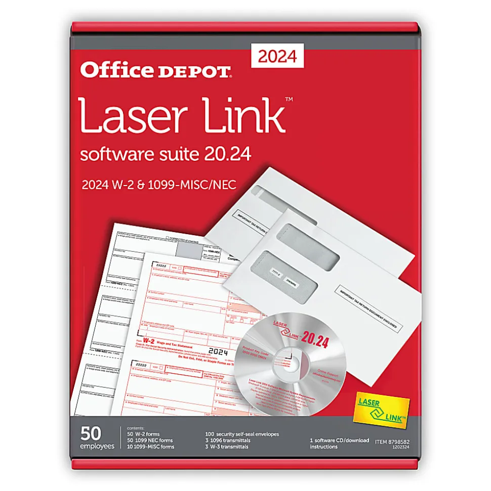 Office Depot® W-2/1099 Laser Form Sets With Envelopes And Software, 6-Part/4-Part, 8-1/2" x 11", Pack Of 50 Form Sets, 1202324