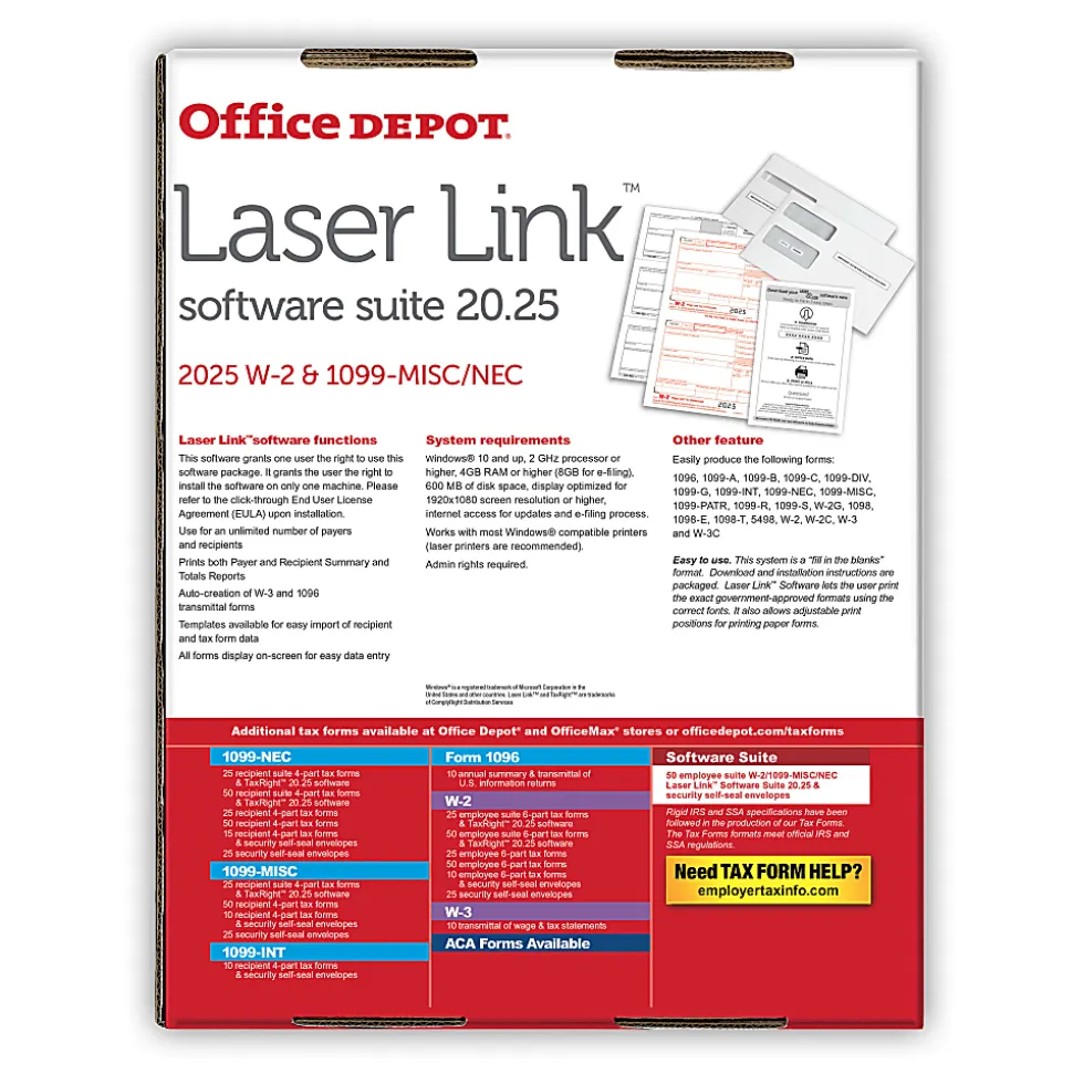 Office Depot® W-2/1099 Laser Form Sets With Envelopes And Software, 6-Part/4-Part, 8-1/2" x 11", Pack Of 50 Form Sets, 1202325