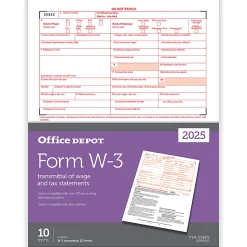 Office Depot® W-3 Laser Tax Forms, 1-Part, 8-1/2" x 11", Pack Of 10 Forms, 520091025