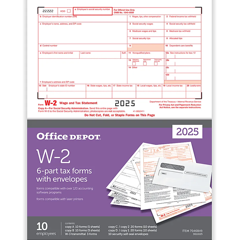 Office Depot® W-2 Laser Tax Forms And Envelopes, 6-Part, 2-Up, 8-1/2" x 11", Pack Of 10 Form Sets, 5611025