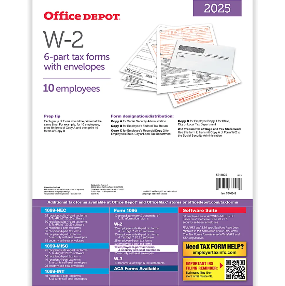 Office Depot® W-2 Laser Tax Forms And Envelopes, 6-Part, 2-Up, 8-1/2" x 11", Pack Of 10 Form Sets, 5611025