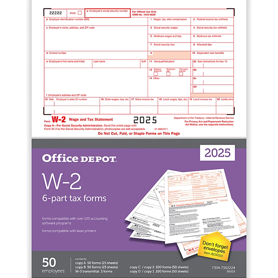 Office Depot® W-2 Laser Tax Forms, 6-Part, 2-Up, 8-1/2" x 11", Pack Of 50 Form Sets, 56025