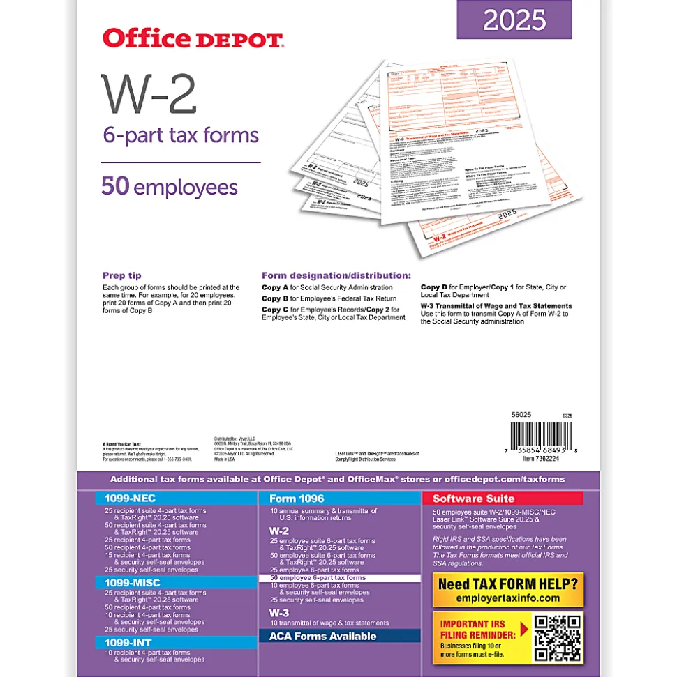 Office Depot® W-2 Laser Tax Forms, 6-Part, 2-Up, 8-1/2" x 11", Pack Of 50 Form Sets, 56025