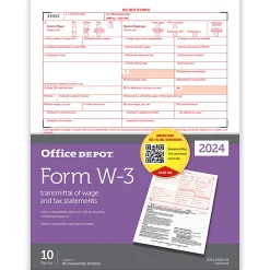 Office Depot® W-3 Laser Tax Forms, 1-Part, 8-1/2" x 11", Pack Of 10 Forms, 520091024
