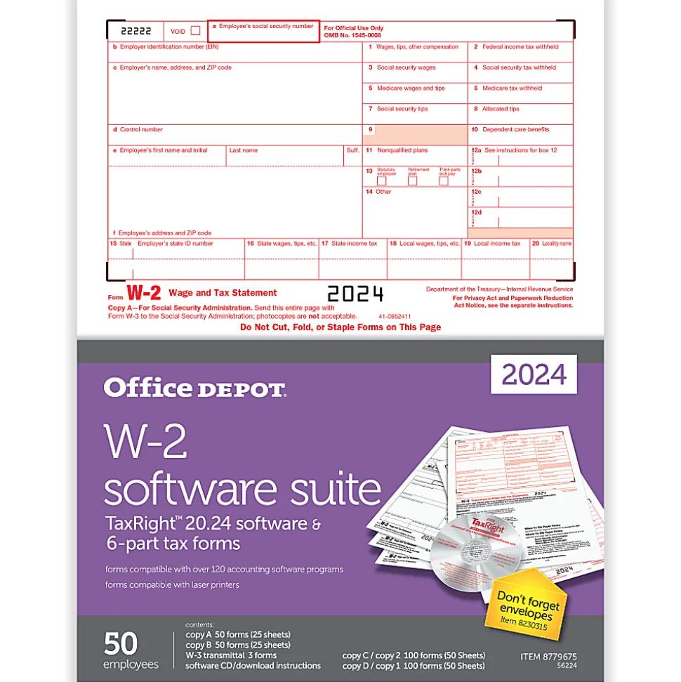 Office Depot® W-2 Laser Tax Forms With Software, 6-Part, 2-Up, 8-1/2" x 11", Pack Of 50 Form Sets, 56224