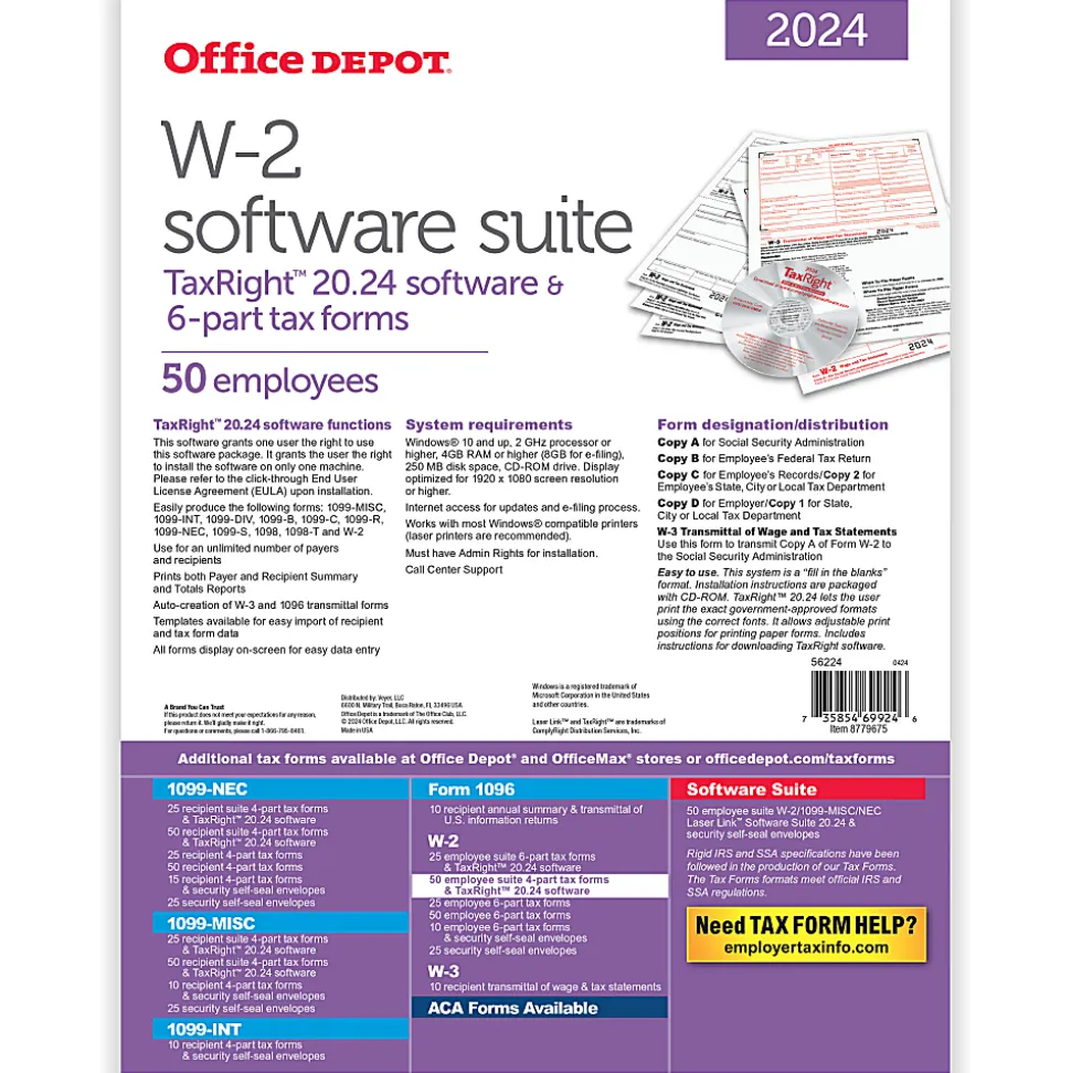 Office Depot® W-2 Laser Tax Forms With Software, 6-Part, 2-Up, 8-1/2" x 11", Pack Of 50 Form Sets, 56224