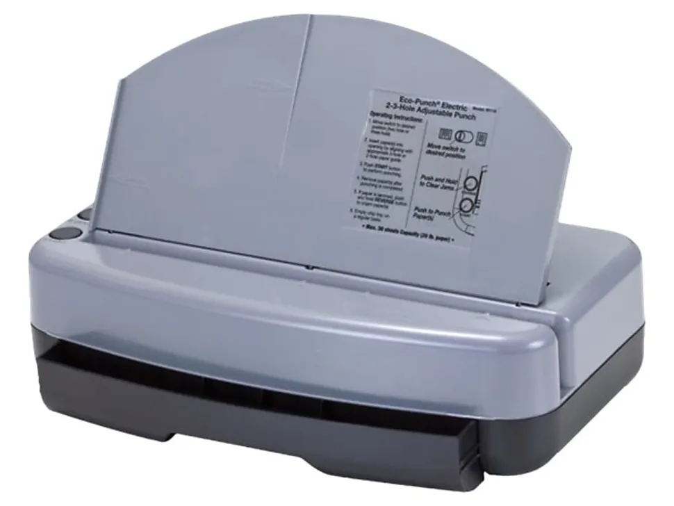 Officemate Electric 2 - 3 Hole Adjustable Eco-Punch, 30% Recycled, Black/Gray/Green