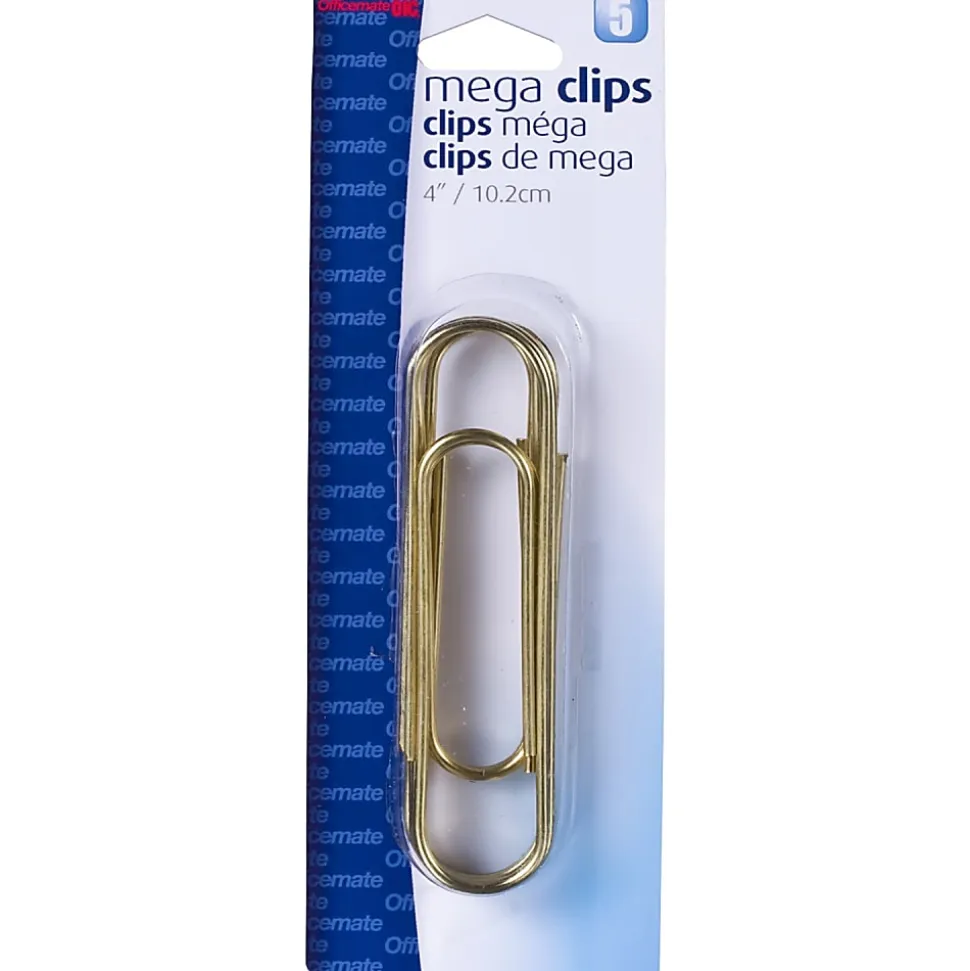 Officemate Mega 4" Gold, Clips and Fastners / Paper Clips - 4" Length - 50 Sheet Capacity - Gold - 5 / Pack