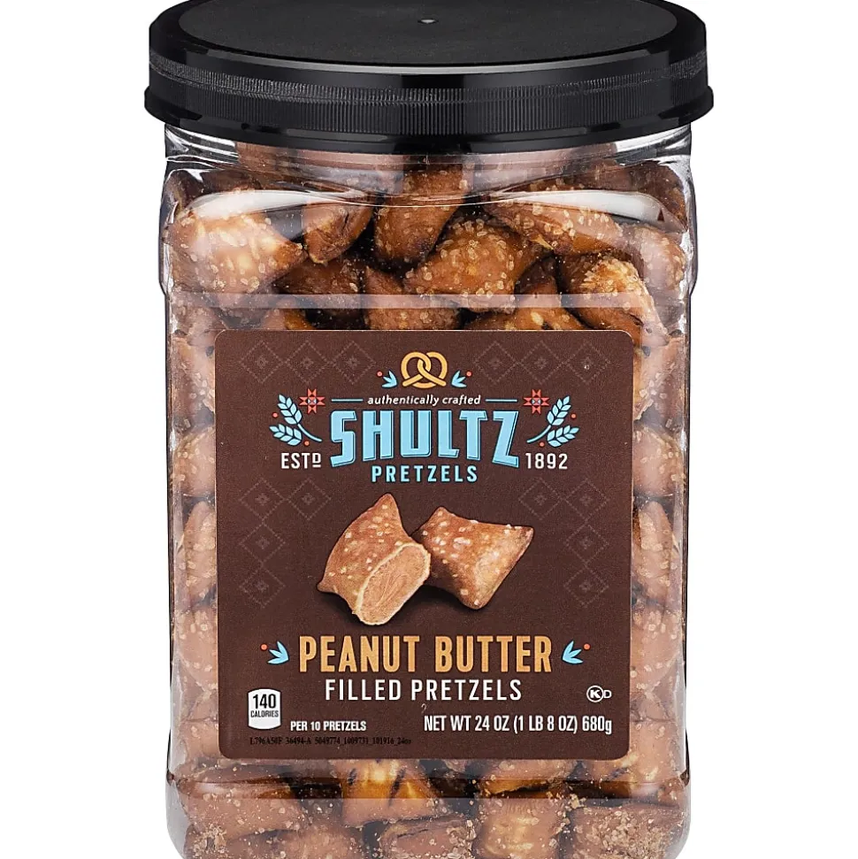 Office Snax Peanut Butter Filled Pretzels - Resealable Tub - Peanut Butter - 1.50 lb - 1 Each