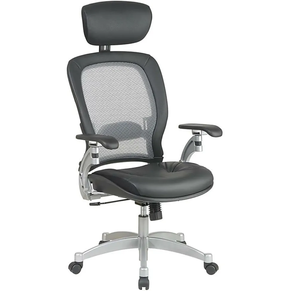 Office Star™ Professional AirGrid Bonded Leather High-Back Chair With Adjustable Headrest, Black/Platinum