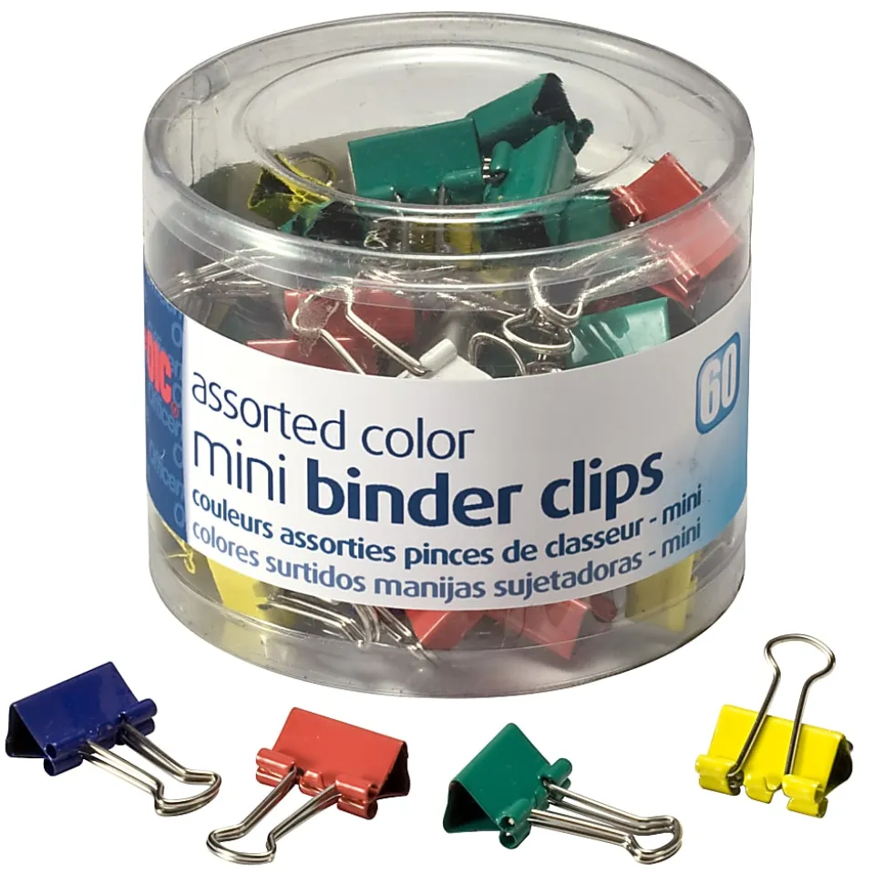 OIC® Binder Clips Tub, Mini Clips, 9/16", Assorted Colors, Pack Of 60