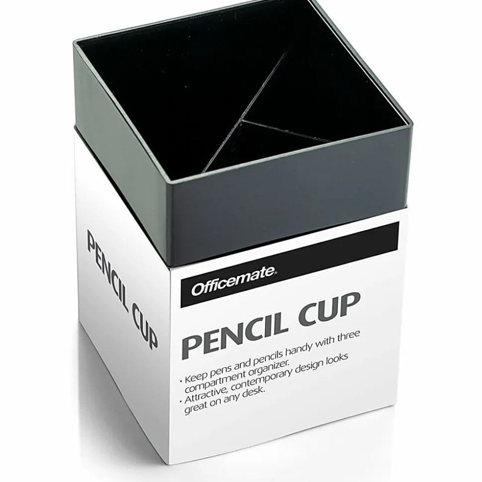 OIC 3-Compartment Pencil Cup - 4" x 2.9" x 2.9" - 1 Each - Black