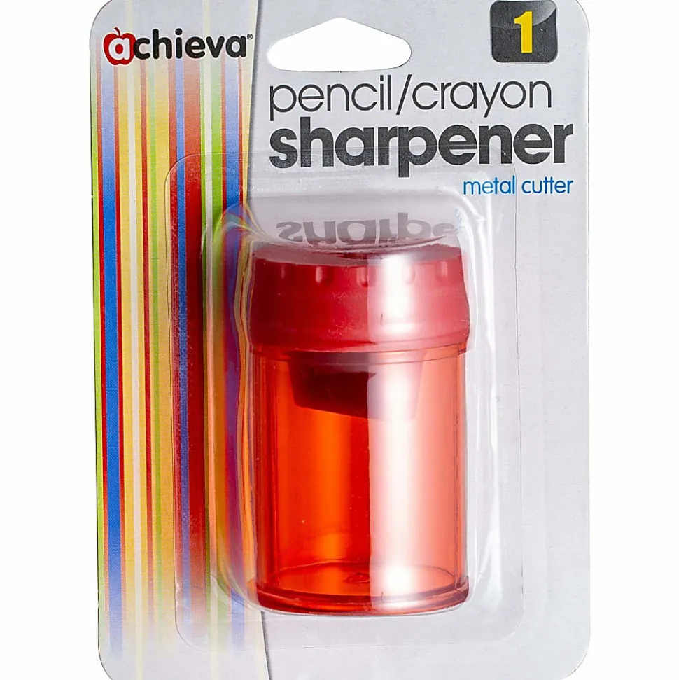 OIC Officemate Double Barrel Pencil/Crayon Sharpener 2 Hole(s) 2.1"H x 1.4"W x 1.4"D Translucent Red 1 Each