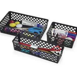OIC® Plastic Supply Baskets, Small Size, 2 3/8" x 6 1/8" x 5", 30% Recycled, Black, Pack Of 3
