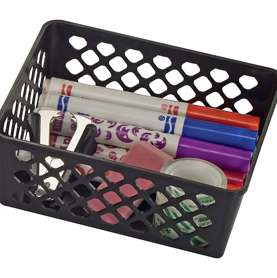 OIC® Plastic Supply Baskets, Small Size, 2 3/8" x 6 1/8" x 5", 30% Recycled, Black, Pack Of 3