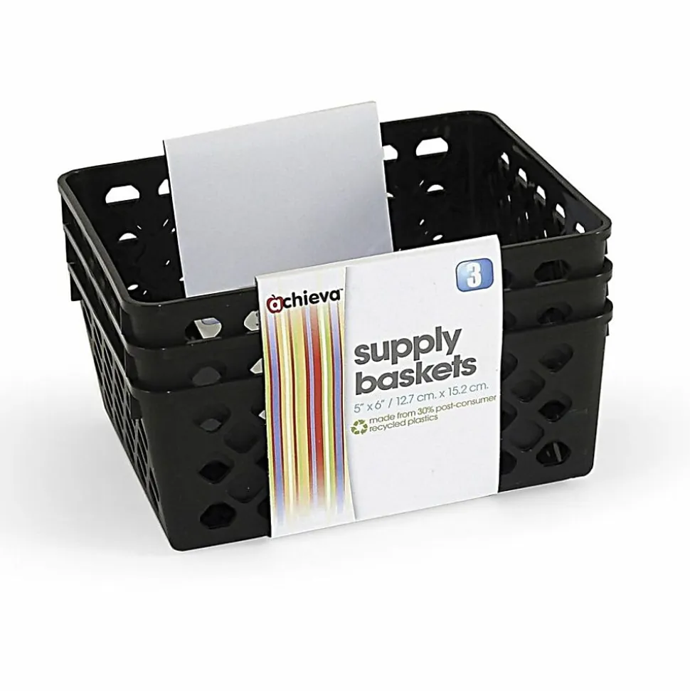 OIC® Plastic Supply Baskets, Small Size, 2 3/8" x 6 1/8" x 5", 30% Recycled, Black, Pack Of 3