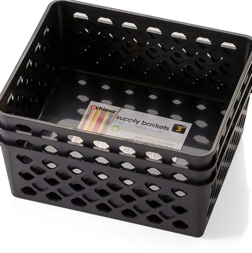 OIC® Plastic Supply Baskets, Small Size, 2 3/8" x 6 1/8" x 5", 30% Recycled, Black, Pack Of 3