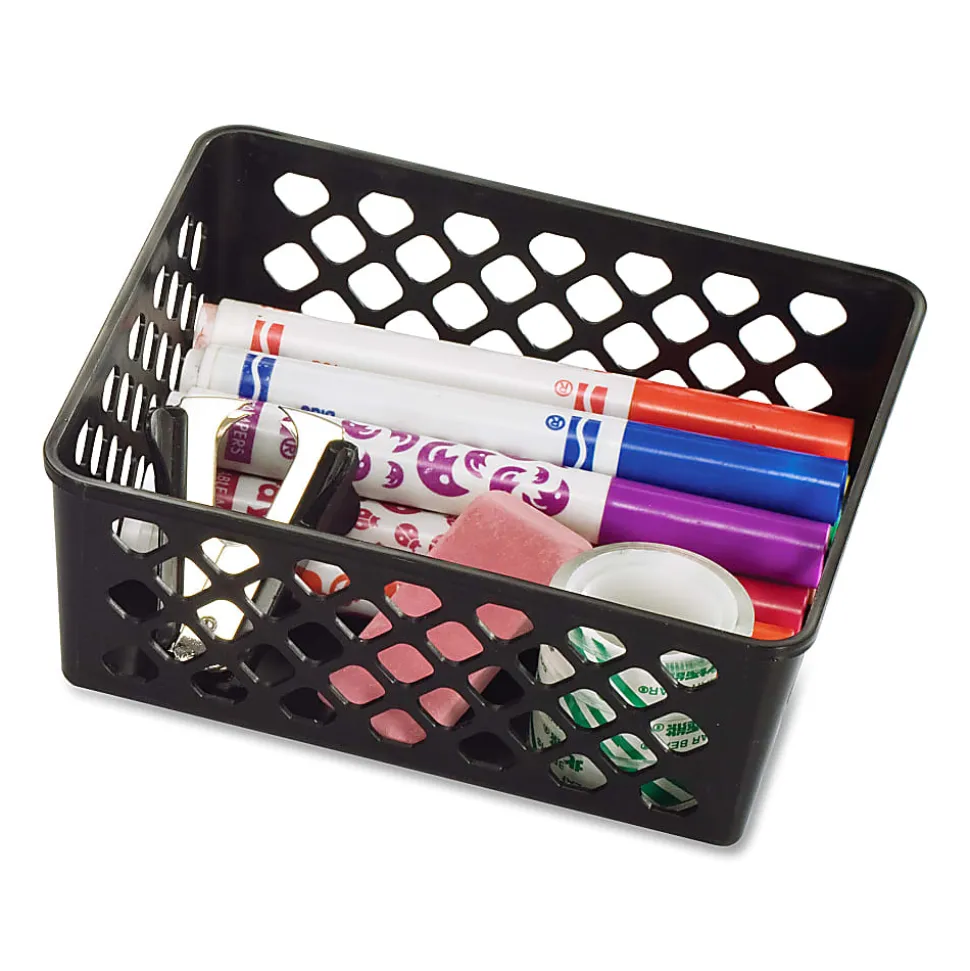 OIC® Plastic Supply Baskets, Small Size, 2 3/8" x 6 1/8" x 5", 30% Recycled, Black, Pack Of 3