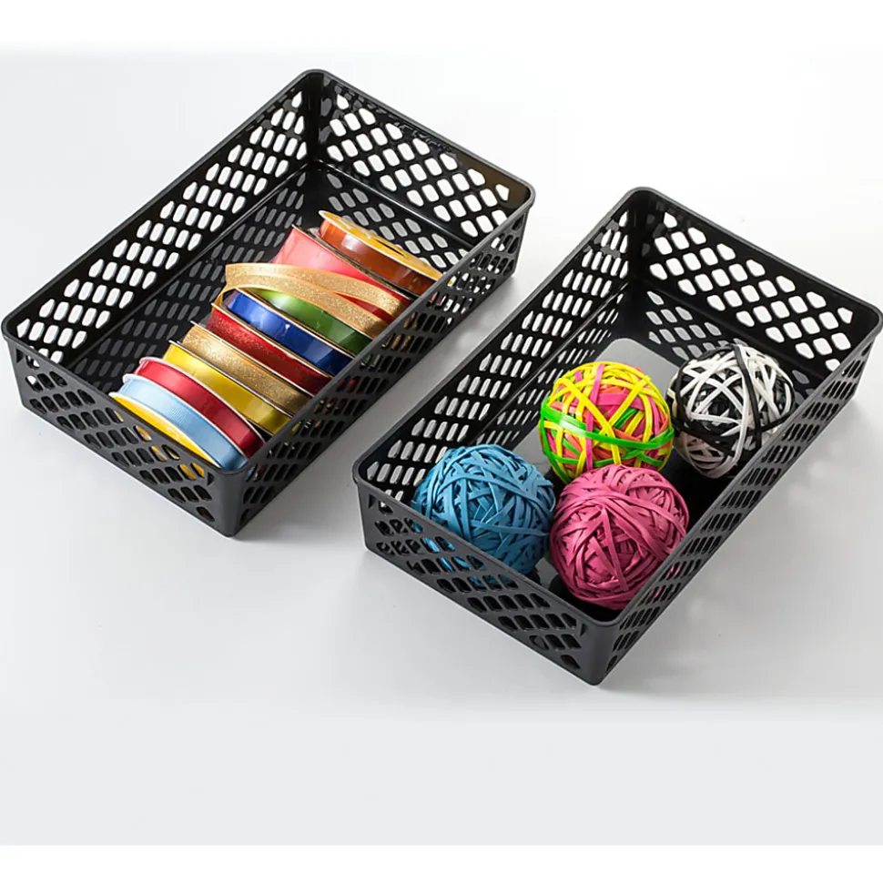 OIC® Plastic Supply Baskets, Small Size, 2 3/8" x 10 1/6" x 6 1/8", 30% Recycled, Black, Pack Of 2