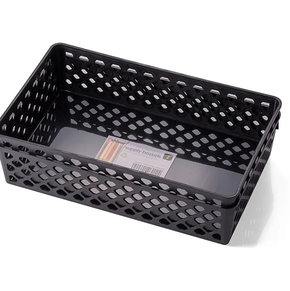 OIC® Plastic Supply Baskets, Small Size, 2 3/8" x 10 1/6" x 6 1/8", 30% Recycled, Black, Pack Of 2