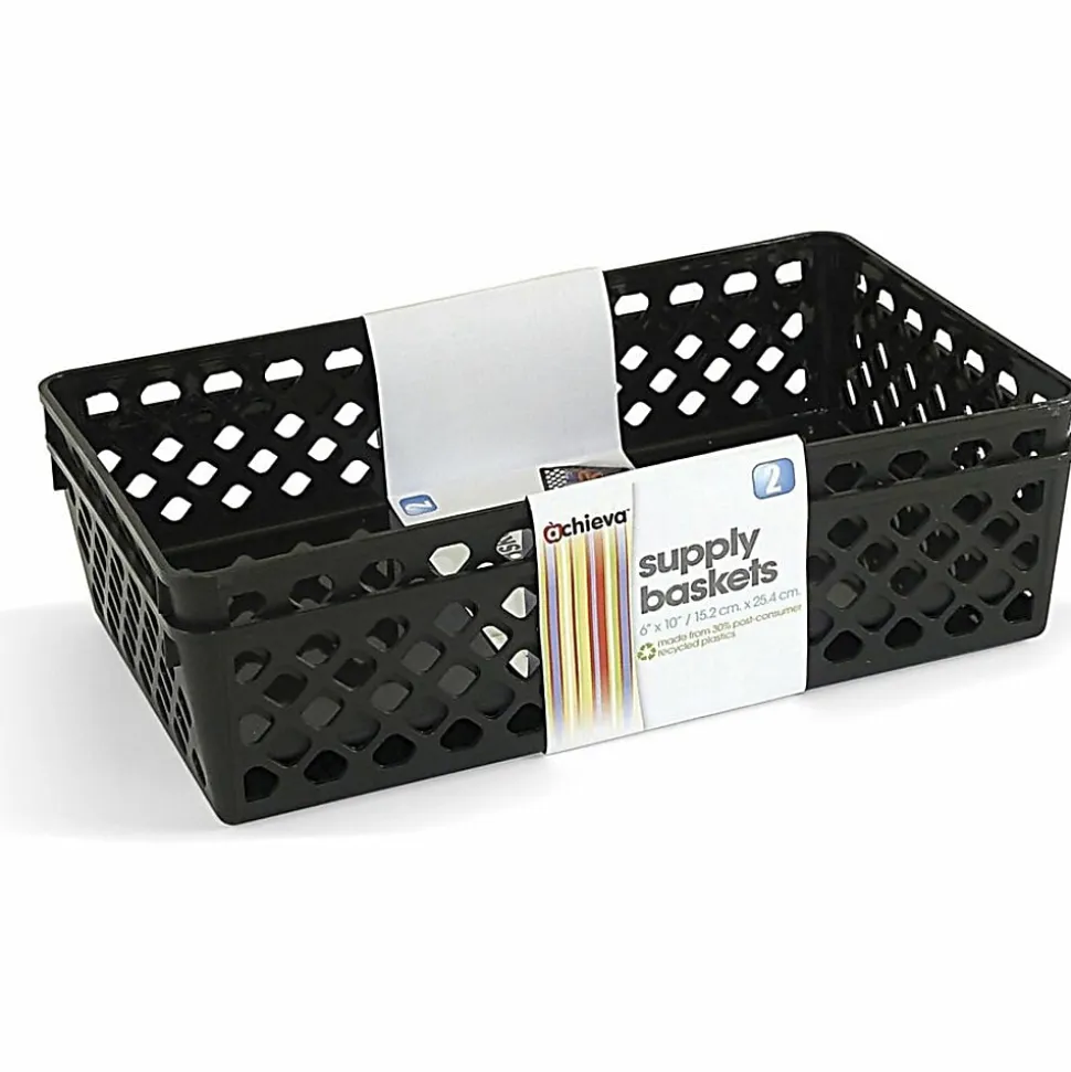 OIC® Plastic Supply Baskets, Small Size, 2 3/8" x 10 1/6" x 6 1/8", 30% Recycled, Black, Pack Of 2