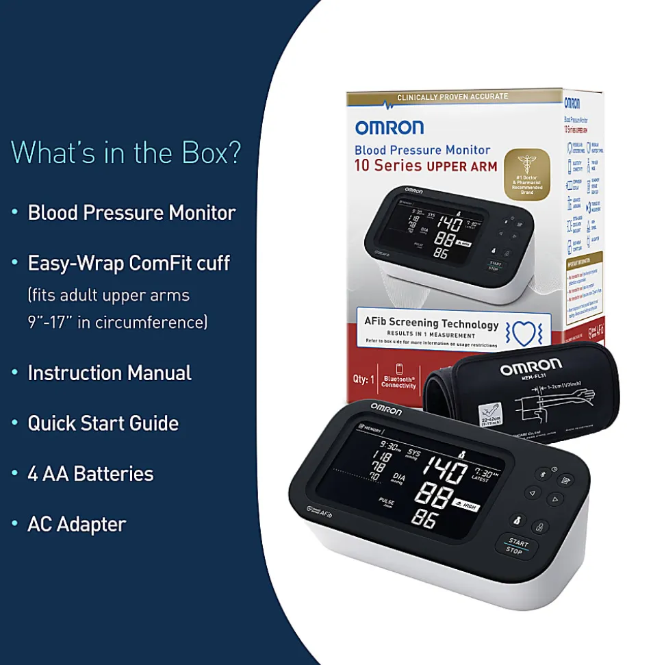 Omron® 10 Series® Upper Arm Blood Pressure Monitor and Cuff with Bluetooth® & Wide Backlit LCD Display, BP7465