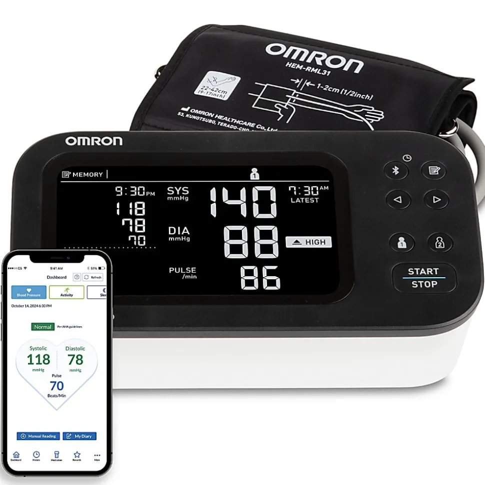 Omron® 10 Series® Upper Arm Blood Pressure Monitor and Cuff with Bluetooth® & Wide Backlit LCD Display, BP7465