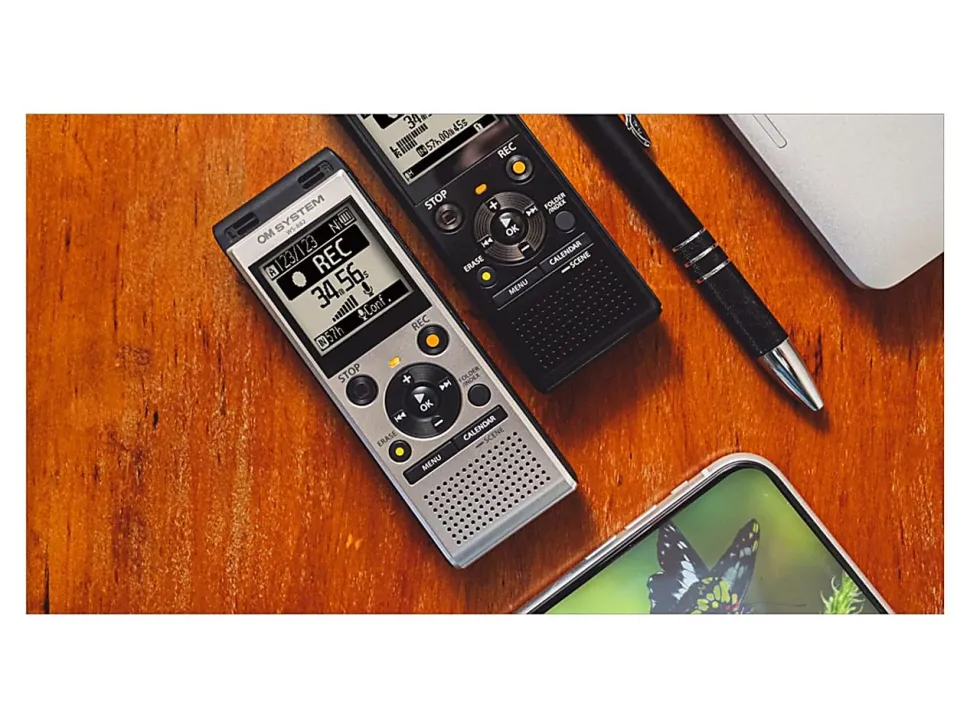 OM System WS882 Digital Voice Recorder, 4.4"H x 1.8"W x 0.7"D, Silver