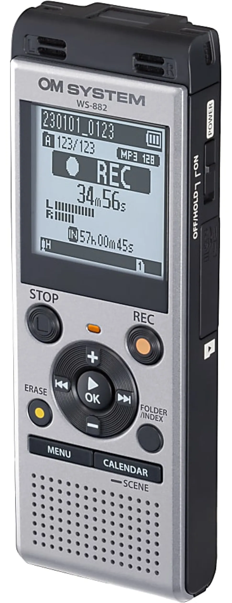 OM System WS882 Digital Voice Recorder, 4.4"H x 1.8"W x 0.7"D, Silver