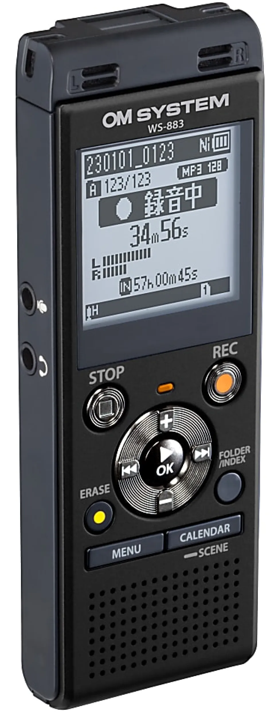 OM System WS883 Digital Voice Recorder, 4-7/16”H x 1-13/16”W x 7”D, Black